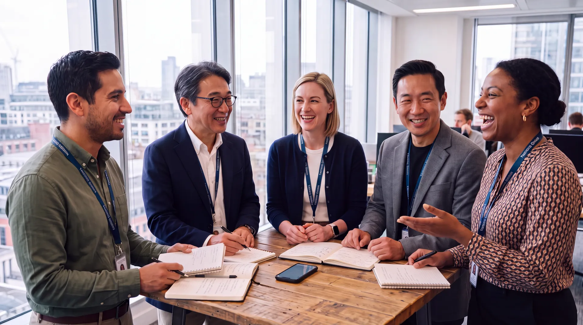 Five colleagues talking together around a table in a bright office