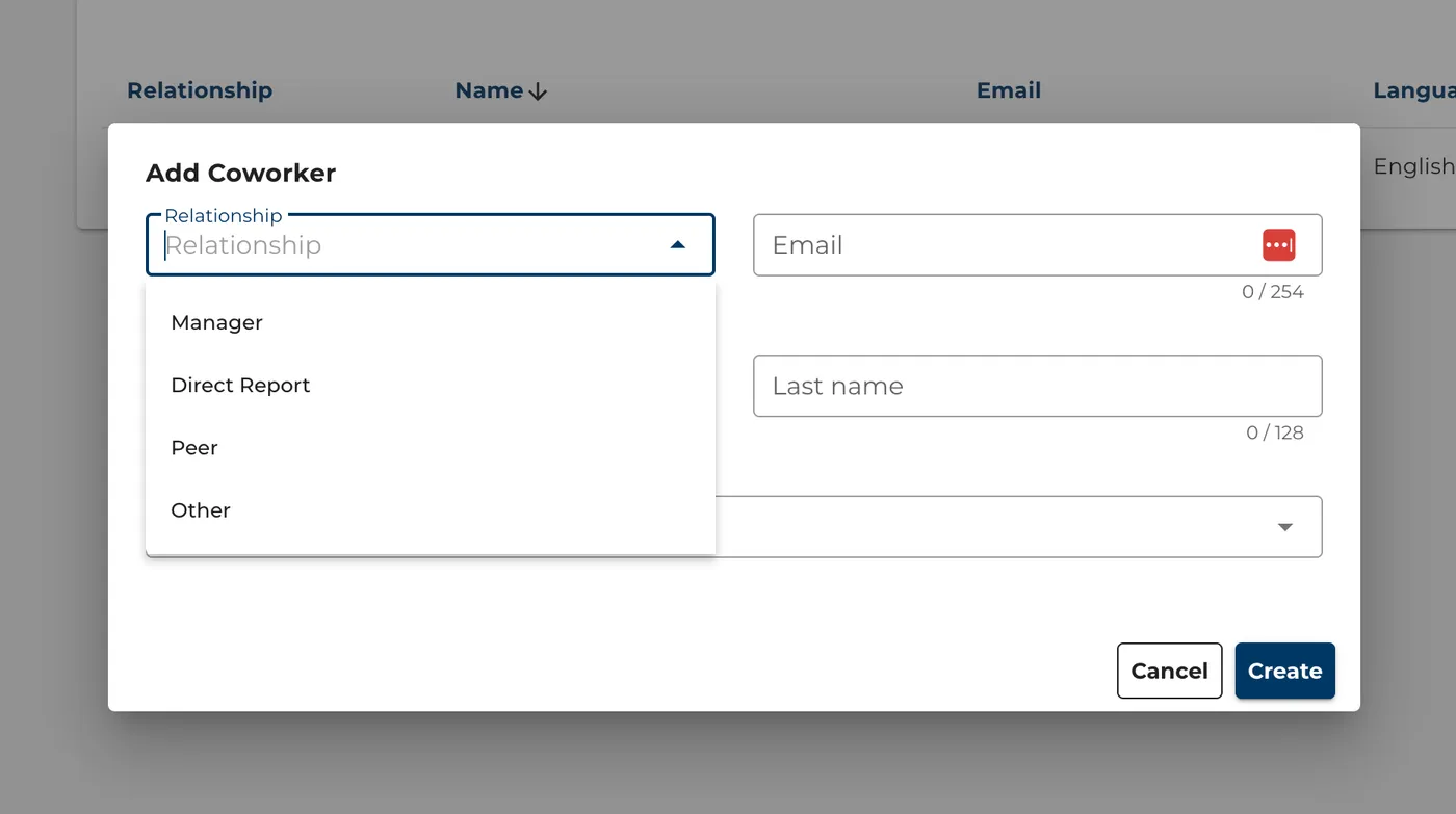 The platform’s Add Coworker dialogue, with the relationship menu open showing Manager, Direct Report, Peer and Other.