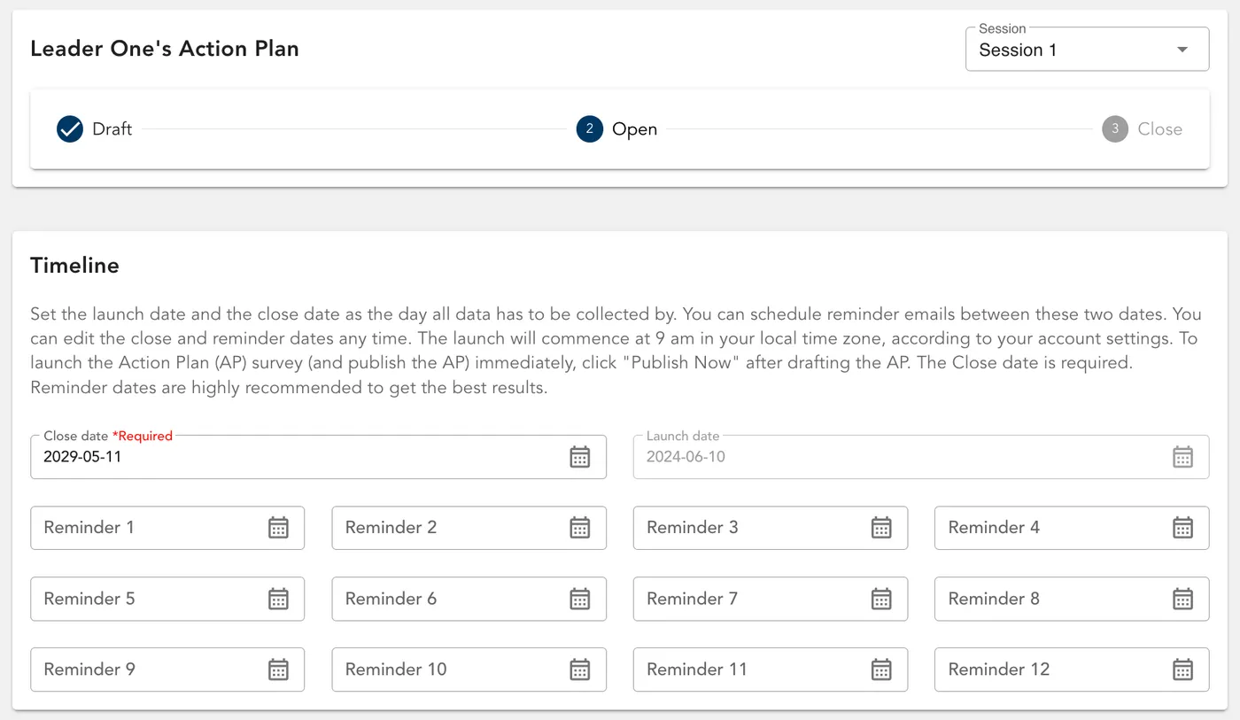 An Action Plan status bar reading Draft, Open, Close, above a timeline with a close date and twelve reminder date fields.