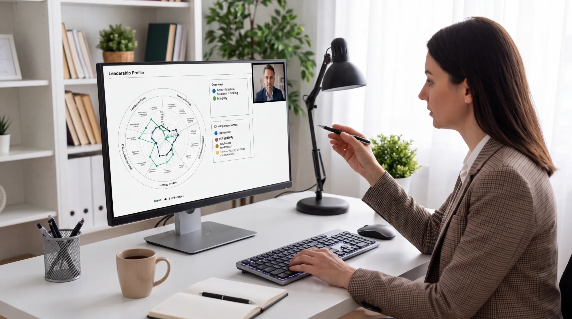 Illustration: a coach reviews an illustrative leadership profile chart on screen during a video call with a leader