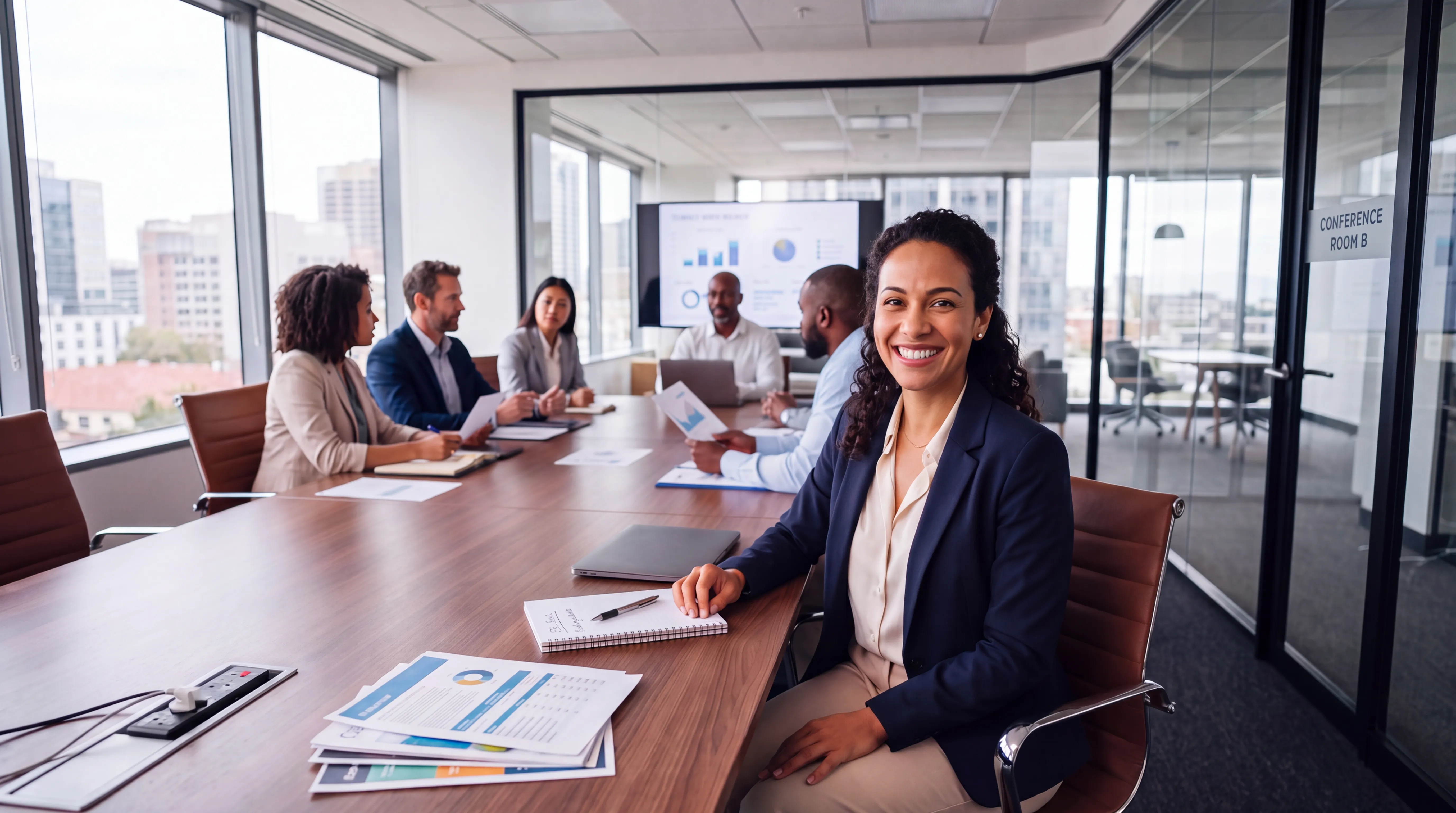 A leader at a boardroom table looking to camera, with colleagues meeting behind her