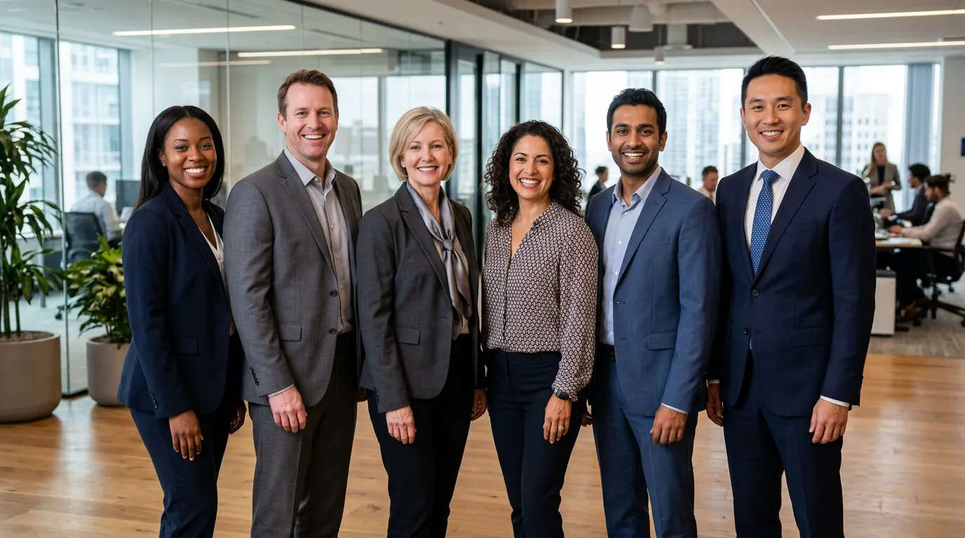 A diverse leadership team standing together in an office